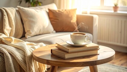 Fototapeta premium Cozy Coffee Table Scene with Books in Vintage Film Photography Style
