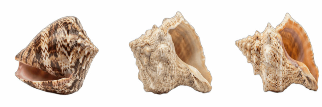 Sea Shells Set isolated on White Background - Three Marine Conch Shells Pack, Realistic Ocean Beach Clipart PNG, Tropical Summer Coast Nature Graphic Element Collection for Marine Design