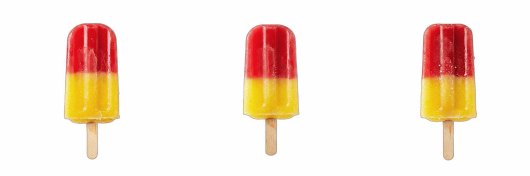 Red and Yellow Popsicle Set isolated on White Background - Three Twin-Color Ice Pop Bars on Wooden Sticks Pack, Realistic Fruit Ice Cream Clipart PNG, Sweet Summer Frozen Treat Graphic Element Collect