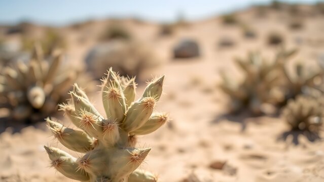 A sun-bleached pale green cactus in a desert under harsh midday sun, sandy background.