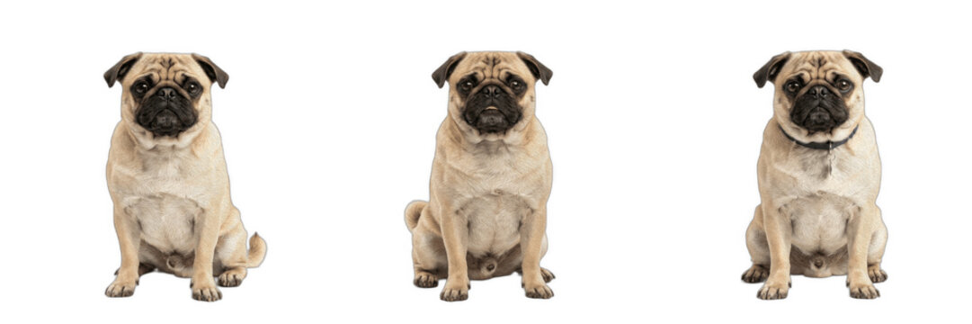 Cute Pug Dog Set isolated on White Background - Three Purebred Pug Puppies Sitting Pack, Realistic Domestic Animal Clipart PNG, Funny Fawn Pet Graphic Element Collection for Veterinary and Canine Web 