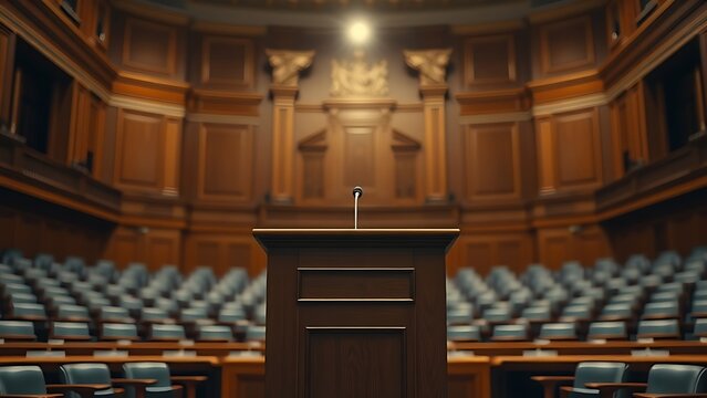 A solemn podium illuminated by a single dramatic light in an empty legislative chamber.
