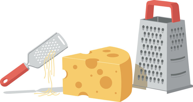 Cheese Grater Vector Composition with Box Grater Handheld Zester and Yellow Cheese Block with Holes for Kitchen Cooking Recipe Graphic Designs