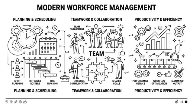 Modern workforce management infographic showing business process planning and productivity.
