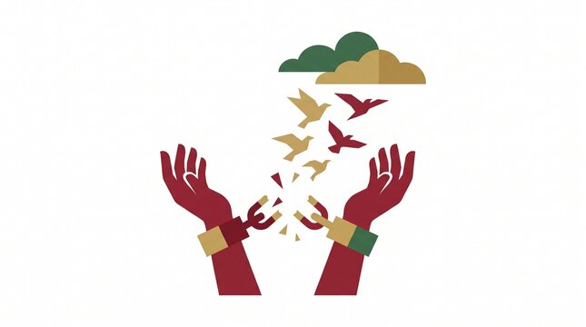 A minimalist vector illustration featuring raised hands breaking free from shackles and chains, transforming into birds flying towards clouds, symbolizing Juneteenth, freedom, and liberation.