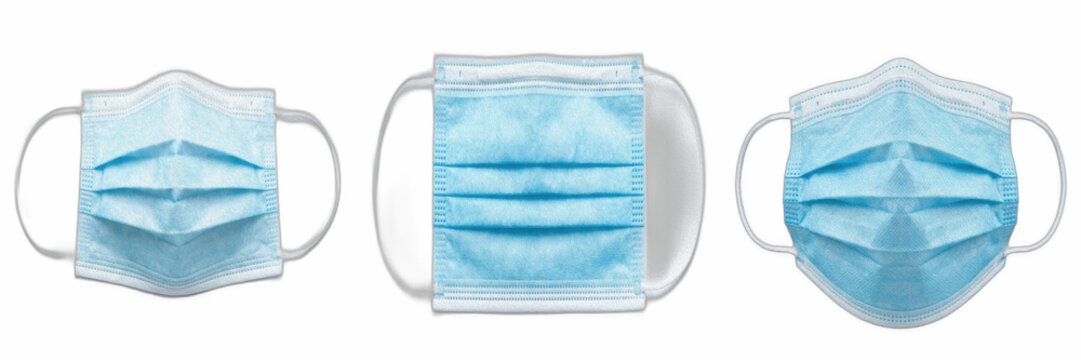 Blue disposable surgical face mask set isolated on transparent PNG background, high-quality medical protective masks with ear loops for healthcare awareness campaigns, clinic graphics, and safety sign