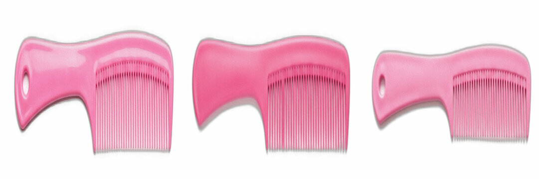 Set of pink plastic hair combs isolated on transparent PNG background, high-quality wide-tooth hairbrush and styling tools for beauty salon brochures, vanity cosmetics packaging, and hairdressing grap