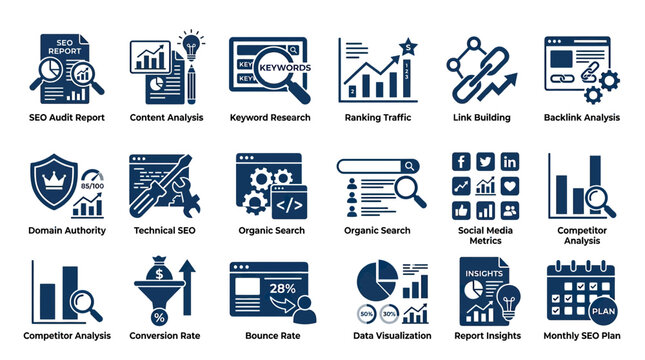 SEO & Digital Marketing Icons: SEO, Content, Keyword, Traffic, Link Building, Analytics