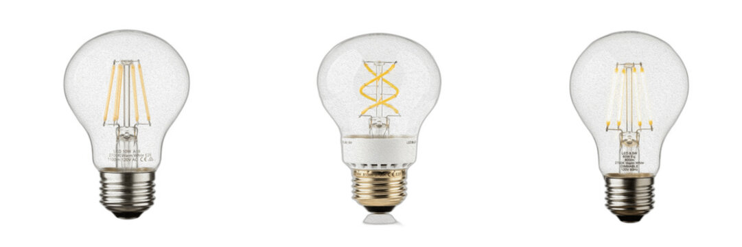 Set of clear LED filament light bulbs isolated on transparent PNG background, vintage Edison style energy-saving lamps for electrical hardware marketing, interior lighting catalogs, and creative conce