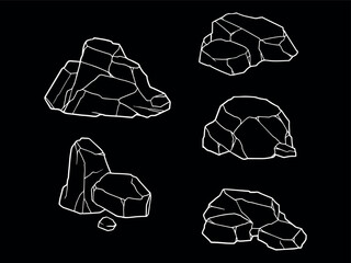 Geometric chiseled rock and boulder outline graphic asset. Five stylized stone formations and rugged cliff structures drawn with sharp white line contours, isolated on a black background © freaky