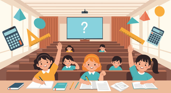 Children raising hands in a classroom with math tools.