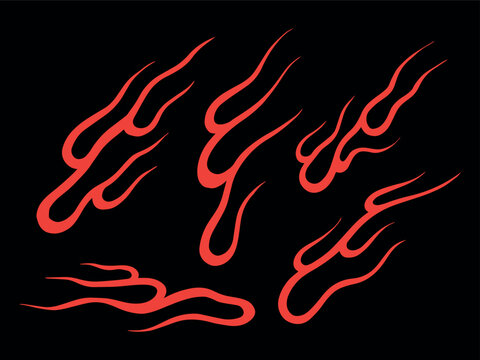 Japanese traditional fire flame hot rod graphic pack. Dynamic red fluid flame trails stylized in classic Irezumi tattoo and ukiyoe art style, isolated on a black background