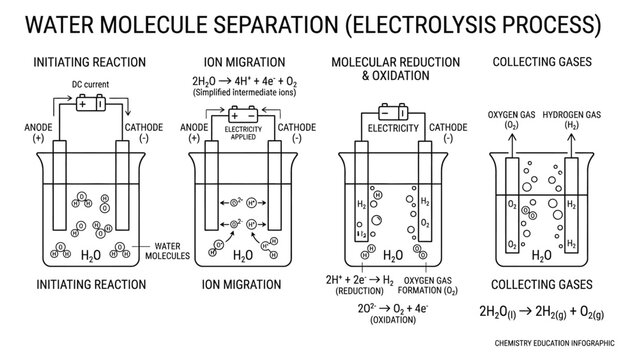 Educational Diagram Illustrating the Water Molecule Electrolysis Process.