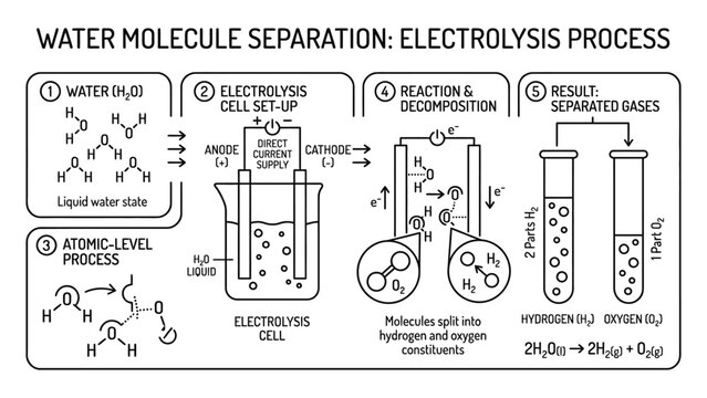 Educational infographic explaining the water molecule electrolysis process.