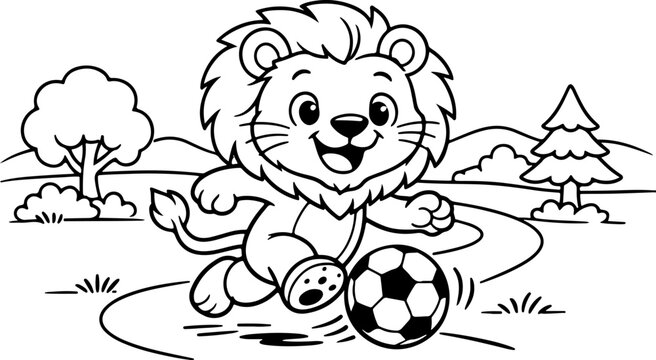 Lion joyeux jouant au football, dessin anim&eacute;, contour dessin&eacute; &agrave; la main, illustration style gribouillage, page &agrave; colorier pour enfants
