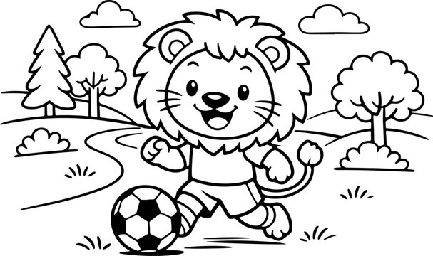 Lion joyeux jouant au football, dessin anim&eacute;, contour dessin&eacute; &agrave; la main, illustration style gribouillage, page &agrave; colorier pour enfants