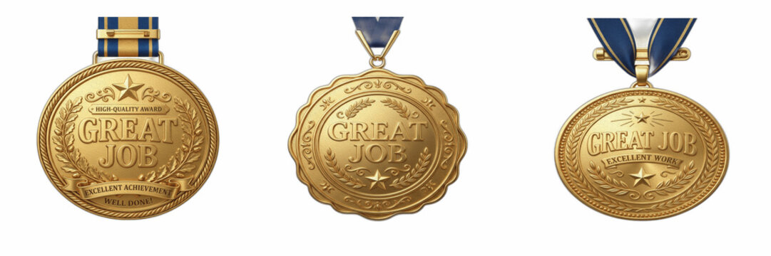 Set of golden "Great Job" winner medals with blue ribbons isolated on transparent PNG background, first place achievement awards for sports competitions, gaming badges, corporate recognition, and educ