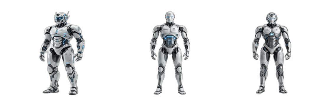 Set of futuristic humanoid robots in white and metallic armor isolated on transparent PNG background, sci-fi cybernetic soldier characters for gaming graphics, artificial intelligence UI, and digital 