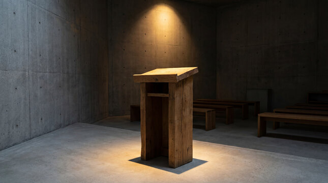 View a plain wooden podium standing at the front of a small empty concrete chapel