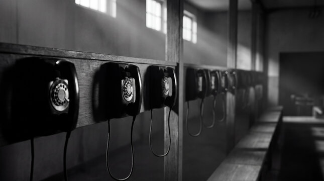 Long dramatic row of black hanging telephone receivers inside an empty prison visiting room facility