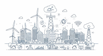 Obraz premium Smart City Technology and Renewable Energy Sources Illustration.