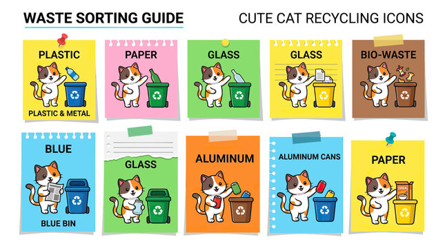 Cute Cat Recycling Icons: Waste Sorting Guide for Plastic, Paper, Glass, Bio-Waste