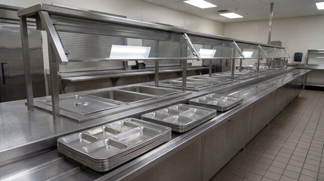 Abandoned Prison Facility Food Service Line Featuring Empty Trays Along Cold Stainless Steel Metal Counters
