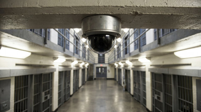 View the prison facility surveillance camera mounted directly above an empty cell corridor no humans