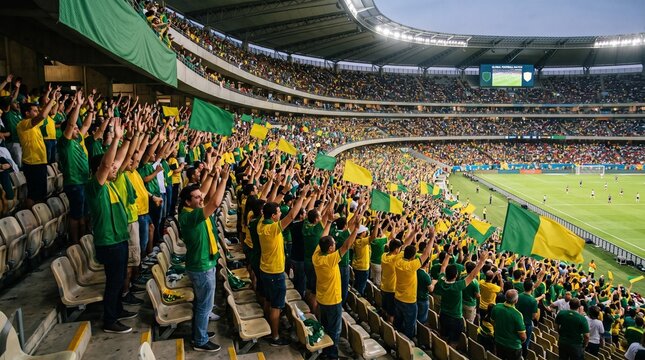Brazilian fans in verde bandeira and amarelo can&aacute;rio colors celebrate at the 2026 soccer world championship 2026 soccer world championship tournament