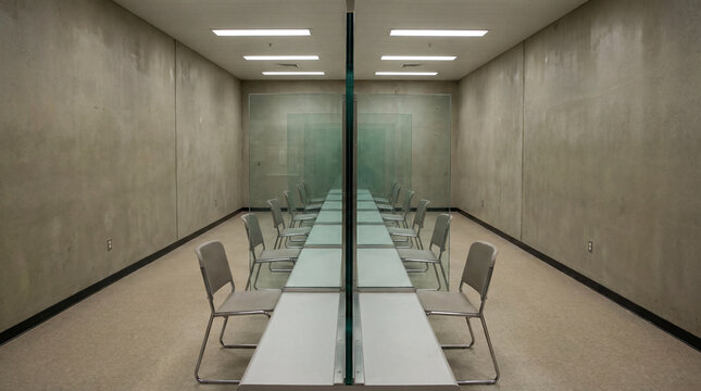 Tour the eerie prison facility visitation room featuring thick glass partitions and completely empty chairs