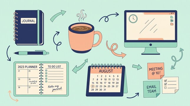 Business planning and organization with planner calendar and computer