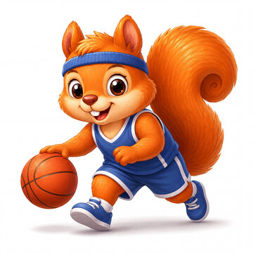Cute Cartoon Squirrel Playing Basketball in Blue Sports Uniform