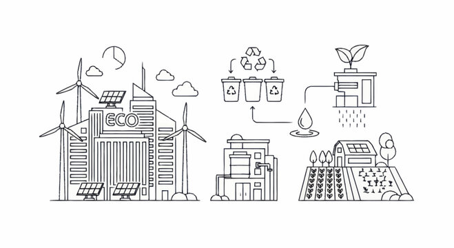 Sustainable city with renewable energy and recycling systems illustration.