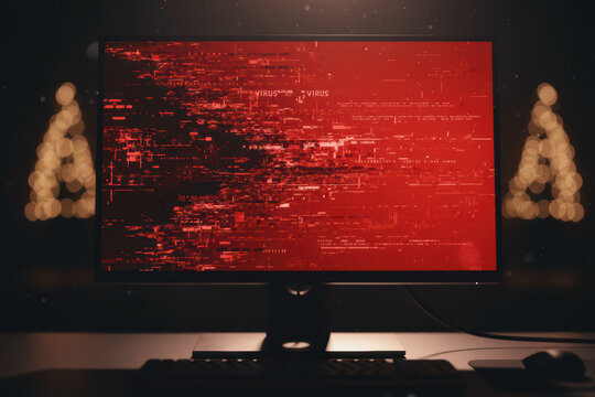 Computer monitor with red virus warning and blurred Christmas trees