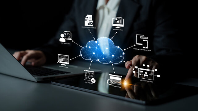 Cloud computing, cloud strategy, and cloud technology transforming digital infrastructure with scalable services, secure data storage, and cloud-based digital business solutions. Spline