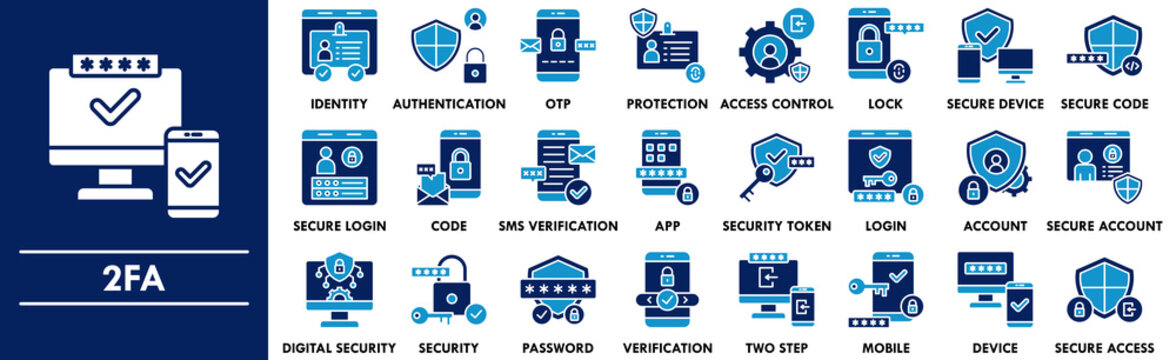 Two Factor Authentication duotone icon collection set. Containing design authentication, security, password, access