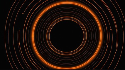 Futuristic glowing orange neon concentric circles on black background 
