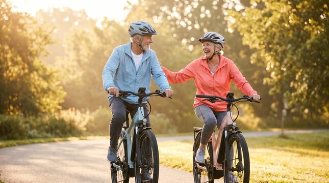 Elderly caucasian couple enjoying bike ride in park