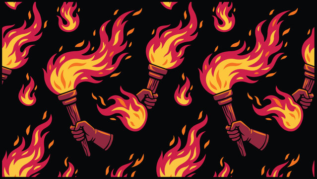 Seamless pattern of hands holding burning wooden torches and fire flames on dark black background