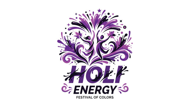 Vibrant Holi Energy festival logo featuring purple paint splashes and dancing figures