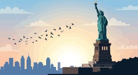Fototapeta premium Vector illustration of the Statue of Liberty on Liberty Island with a flock of birds flying past during a vibrant sunset over the New York City skyline silhouette and soft clouds.