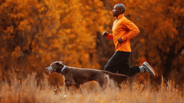 Cardio sports exercise, healthy lifestyle. A man in an orange jacket and black pants running with a brown dog in a field of tall grass. The background is blurred, emphasizing the man and his dog.
