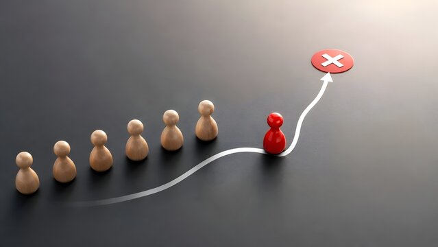 Concept of failure or incorrect direction with a red pawn deviating from the crowd towards a red X mark
