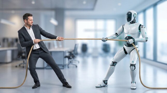 Businessman in a suit engages in a tug of war against a humanoid robot in a modern office setting to represent the competition between humans and artificial intelligence.