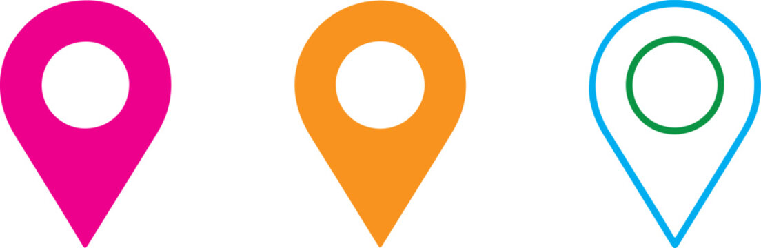 Colorful map pin icons in pink orange and blue for navigation and location