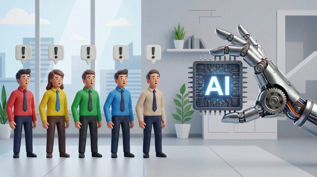Shocked employees react to the introduction of advanced artificial intelligence technology represented by a robotic hand holding a processor chip.