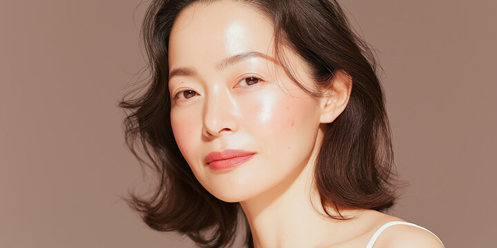 日本人, 女性, 50代, 40代, ミドル, シニア, 美容, スキンケア, エイジングケア, 健康, ライフスタイル, 美人, ナチュラル, 清潔感, 透明感, 白背景, コピースペース, 広告素材, 信頼感, 微笑み, ウェルビーイング, 上半身, 視線, ポニーテール, 化粧品, エステ, 自己肯定感, オーセンティック, ポジティブエイジング, 日本, ウェルエイジング, サプリメント,
