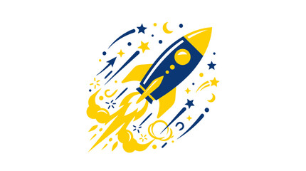 Cartoon Rocket Launching into Space with Stars and Swirls © elsa