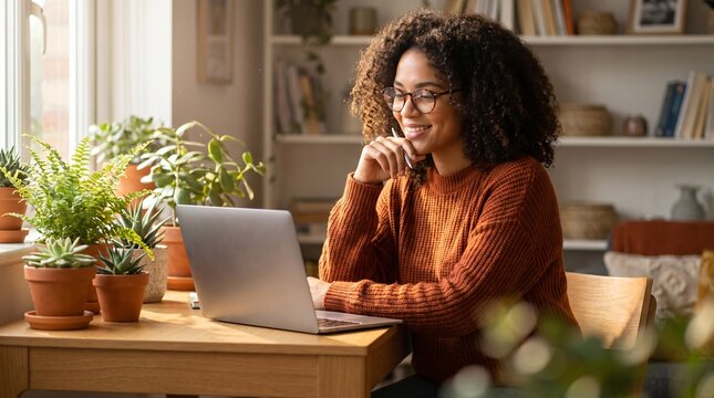 Online learning concept. Young smiling pretty woman student using laptop elearning or remote working at home office using laptop computer watching webinar web course, studying online sitting at table.