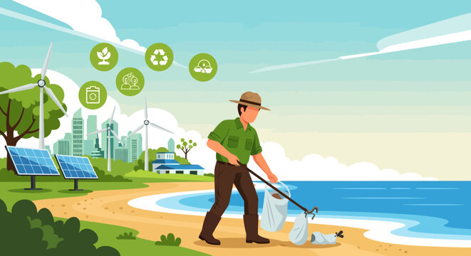 Man cleaning beach with trash picker and recycling symbols.